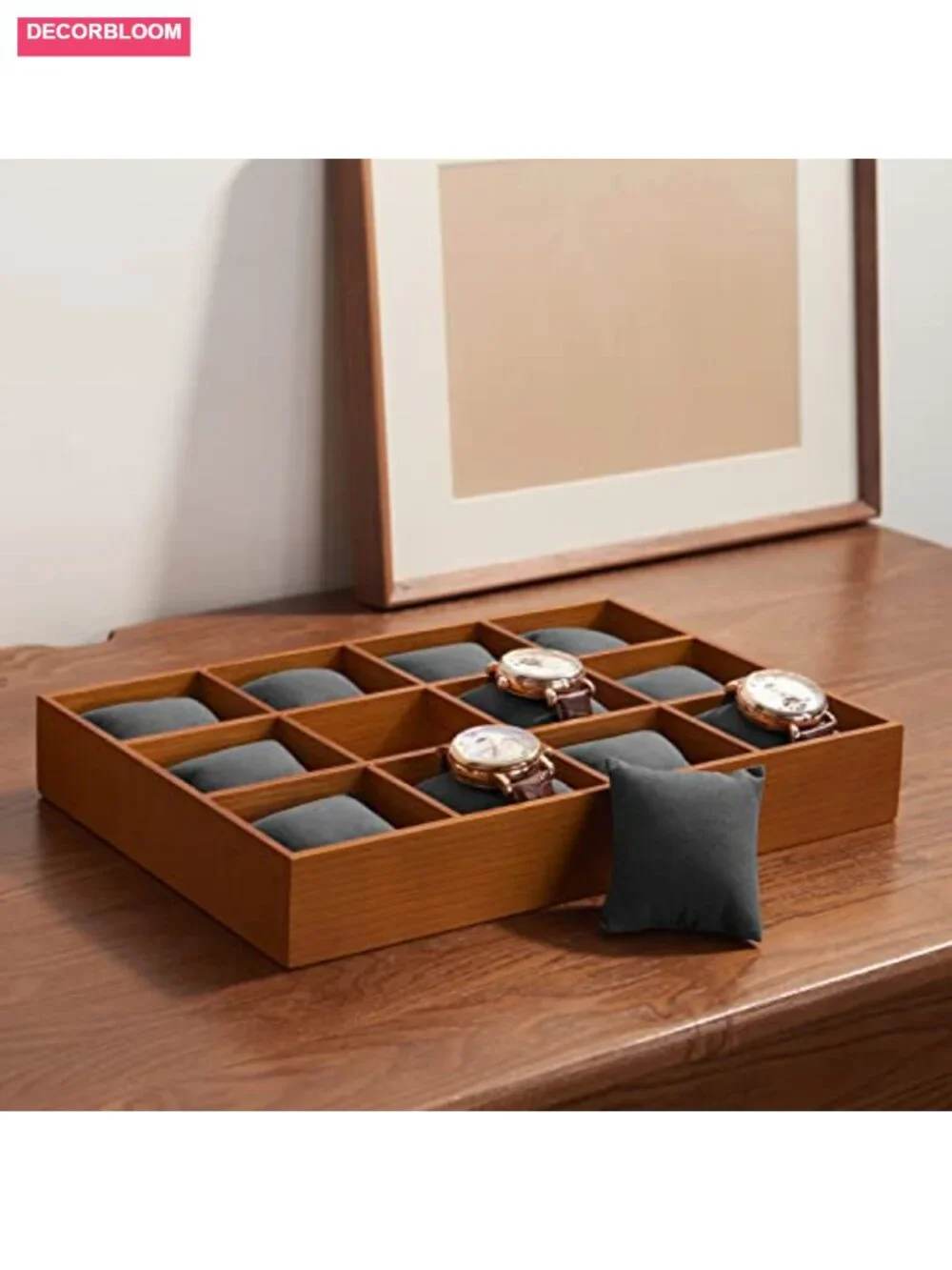 Solid Wood 12-Slot Watch Storage Tray with Microfiber Pillows